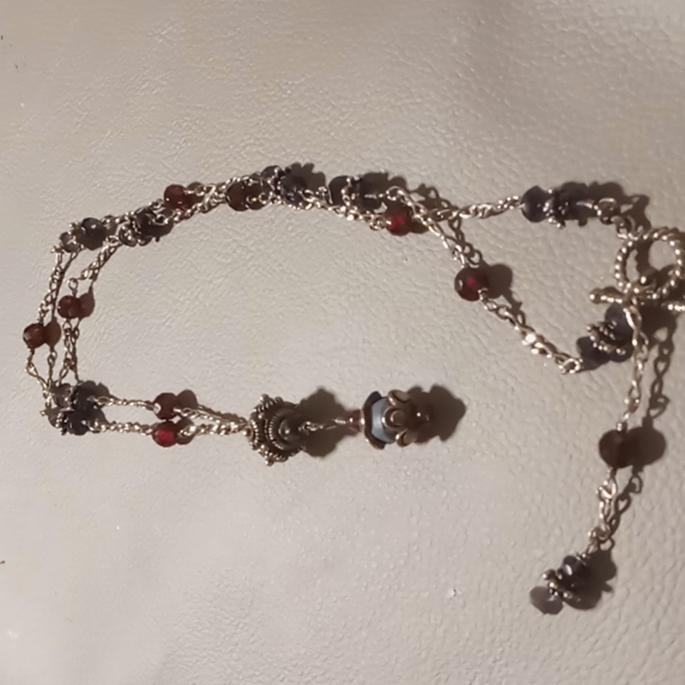 Sterling silver red crystal Bombay style necklace toggle clasp .